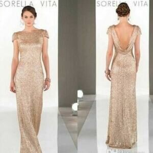 SORELLA VITA Modern Sequin Bridesmaid Dress in Gold  Cowl back  SZ 6